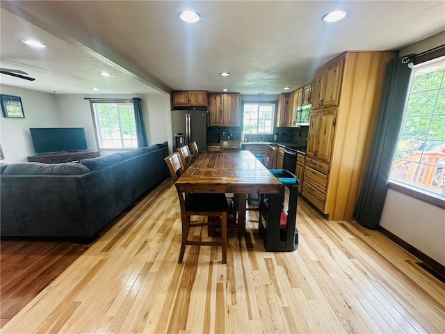 W14440 Culver Ave, Weyerhaeuser, WI 54895 - dining area with light wood-type flooring, recessed lighting, baseboards, and a ceiling fan