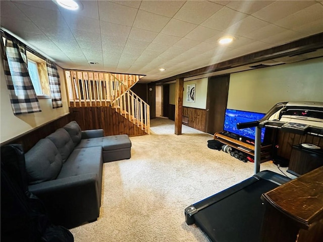 W14440 Culver Ave, Weyerhaeuser, WI 54895 - workout area featuring carpet flooring, wooden walls, and recessed lighting