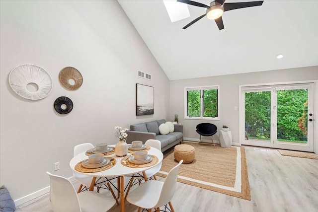 1109 Mckenna Blvd Unit G, Madison, WI 53719 - dining space featuring ceiling fan, wood finished floors, high vaulted ceiling, and a skylight