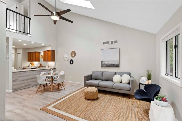 1109 Mckenna Blvd Unit G, Madison, WI 53719 - living room with high vaulted ceiling, light wood-style flooring, ceiling fan, a skylight, and recessed lighting