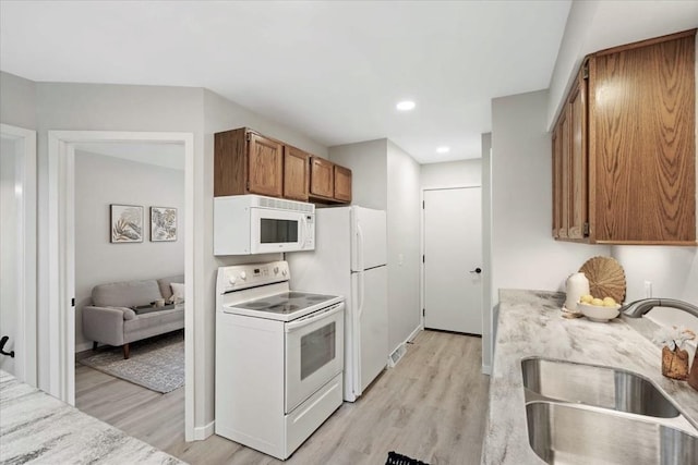 1109 Mckenna Blvd Unit G, Madison, WI 53719 - kitchen featuring white appliances, light wood-type flooring, brown cabinetry, and recessed lighting