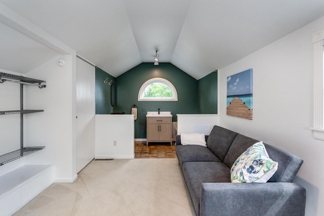 5230 Harbor Ct, Madison, WI 53705 - living area featuring carpet floors and lofted ceiling