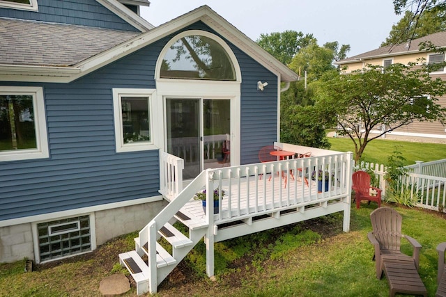 5230 Harbor Ct, Madison, WI 53705 - doorway to property with a wooden deck and a shingled roof