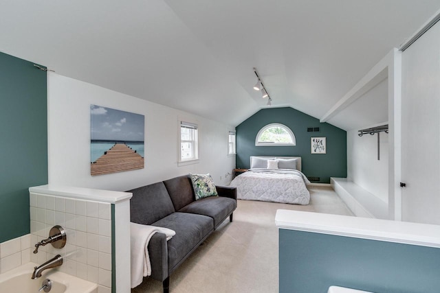 5230 Harbor Ct, Madison, WI 53705 - carpeted bedroom with lofted ceiling and track lighting