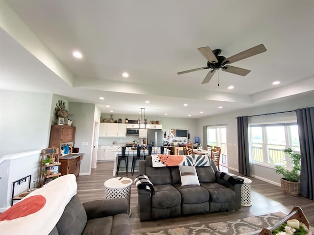 110 Grand St, Highland, WI 53543 - living room with wood finished floors, a raised ceiling, ceiling fan, recessed lighting, and baseboards
