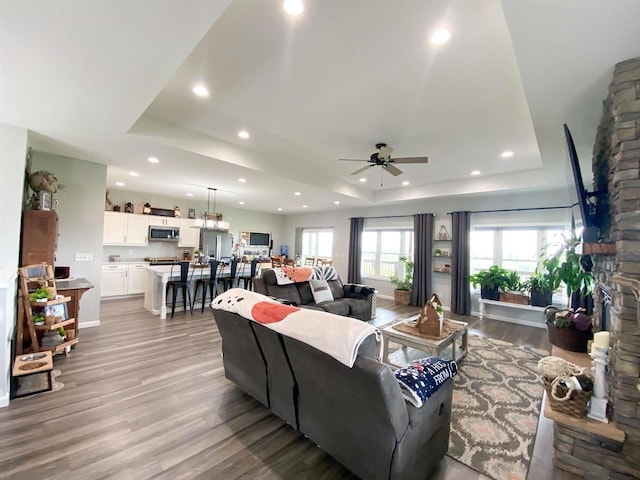 110 Grand St, Highland, WI 53543 - living room featuring a tray ceiling, a ceiling fan, light wood-type flooring, recessed lighting, and baseboards