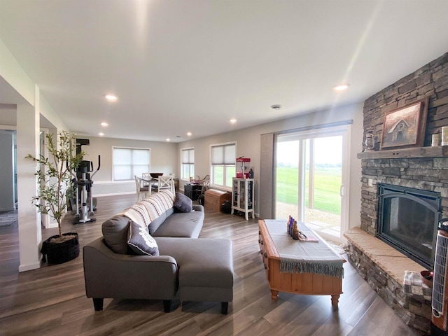 110 Grand St, Highland, WI 53543 - living area featuring a stone fireplace, wood finished floors, plenty of natural light, recessed lighting, and baseboards