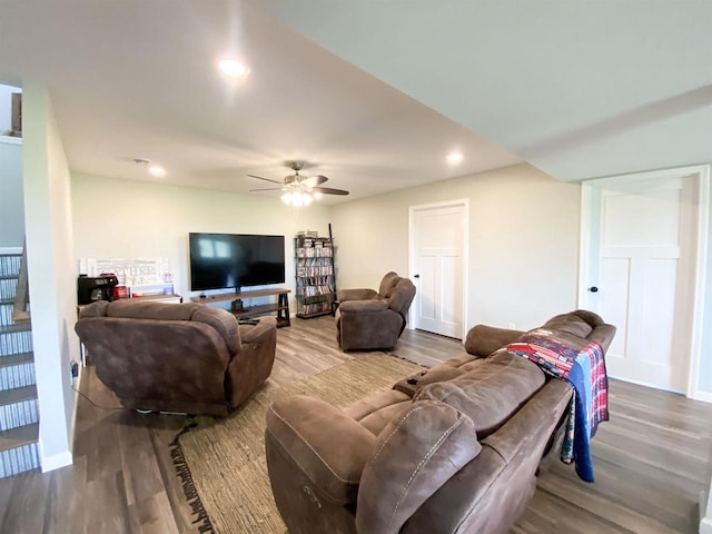 110 Grand St, Highland, WI 53543 - living room with wood finished floors, a ceiling fan, recessed lighting, and baseboards