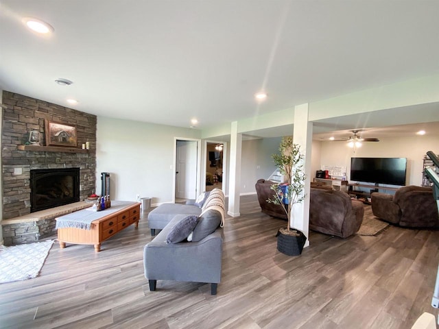 110 Grand St, Highland, WI 53543 - living area with a fireplace, light wood-style floors, a ceiling fan, and recessed lighting