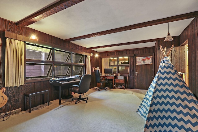2518 Borg Rd, Delavan, WI 53115 - carpeted home office featuring wooden walls and beamed ceiling