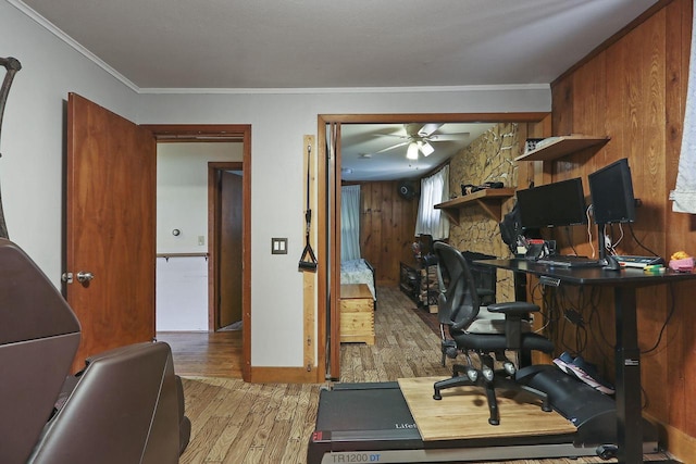 2518 Borg Rd, Delavan, WI 53115 - office space featuring light wood-type flooring, wooden walls, ceiling fan, crown molding, and baseboards