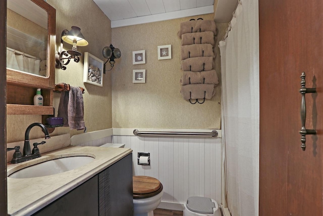 2518 Borg Rd, Delavan, WI 53115 - full bath featuring toilet, vanity, a wainscoted wall, and a shower with shower curtain