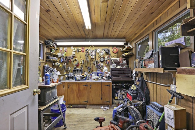 2518 Borg Rd, Delavan, WI 53115 - miscellaneous room featuring light wood-style floors, a workshop area, and wood ceiling