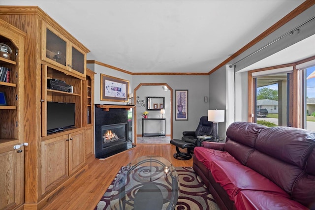 7101 W Tripoli Ave, Milwaukee, WI 53220 - living room featuring light wood-style flooring, a fireplace with flush hearth, and ornamental molding