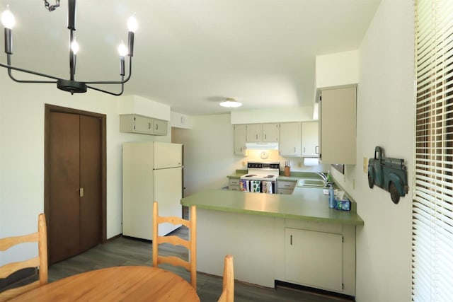 525 Walnut Grove Dr, Madison, WI 53717 - kitchen with white appliances, a sink, a peninsula, dark wood-style flooring, and under cabinet range hood