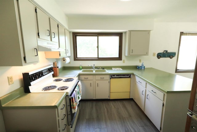525 Walnut Grove Dr, Madison, WI 53717 - kitchen with dishwashing machine, electric range oven, under cabinet range hood, a sink, and a peninsula