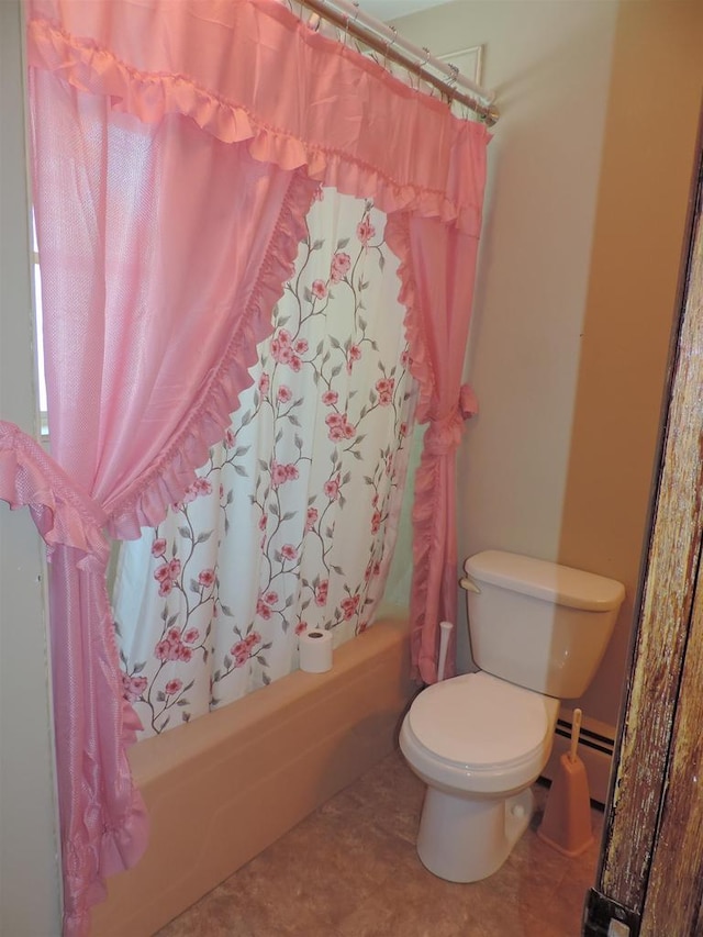 422 E Catherine St, Muscoda, WI 53573 - full bathroom featuring toilet, shower / tub combo with curtain, and a baseboard radiator