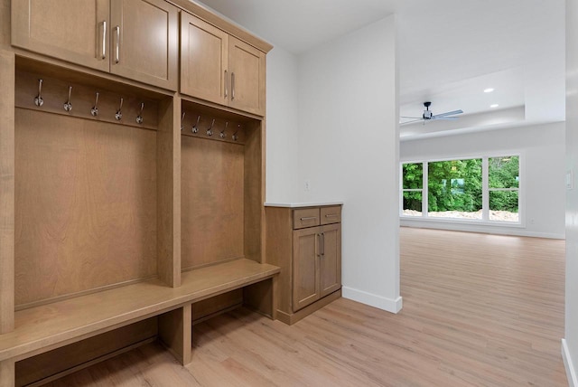 3566 W Hank Ave, De Pere, WI 54115 - mudroom featuring baseboards, light wood finished floors, ceiling fan, and recessed lighting