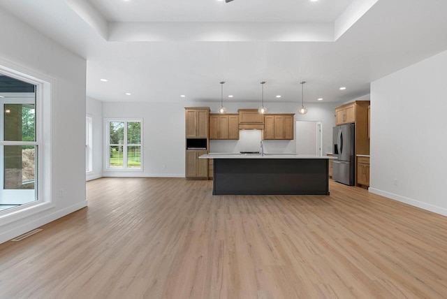 3566 W Hank Ave, De Pere, WI 54115 - kitchen with stainless steel fridge with ice dispenser, light wood-type flooring, light countertops, baseboards, and recessed lighting