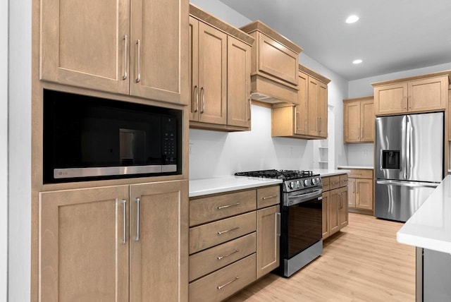 3566 W Hank Ave, De Pere, WI 54115 - kitchen with appliances with stainless steel finishes, light countertops, light wood-style floors, recessed lighting, and light brown cabinetry