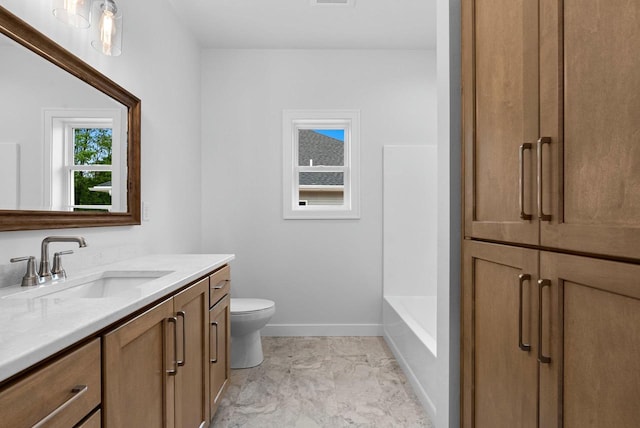 3566 W Hank Ave, De Pere, WI 54115 - bathroom with vanity, marble look tiles, toilet, a tub, and a shower