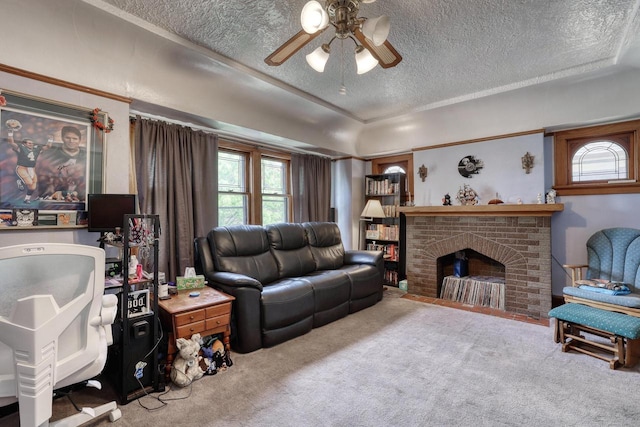 1107 S 71st St Unit 1109, West Allis, WI 53214 - living room with a textured ceiling, carpet, a ceiling fan, and a brick fireplace