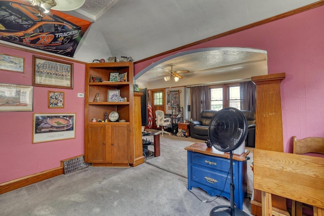 1107 S 71st St Unit 1109, West Allis, WI 53214 - office area with carpet, arched walkways, ceiling fan, and crown molding
