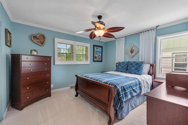 6619 W Fremont Pl, Milwaukee, WI 53219 - bedroom featuring light colored carpet, ornamental molding, and a ceiling fan