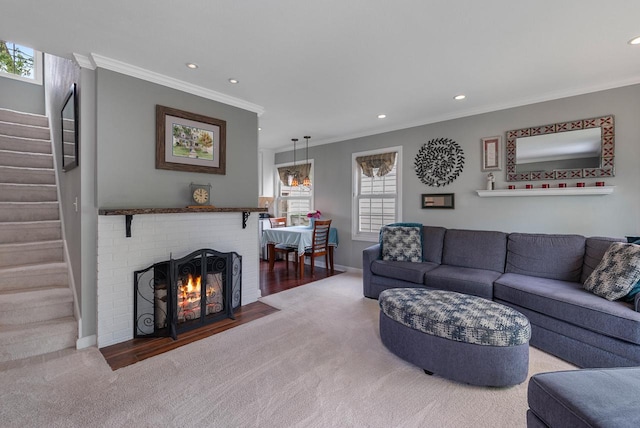 6619 W Fremont Pl, Milwaukee, WI 53219 - living room featuring crown molding, carpet floors, stairway, recessed lighting, and a brick fireplace