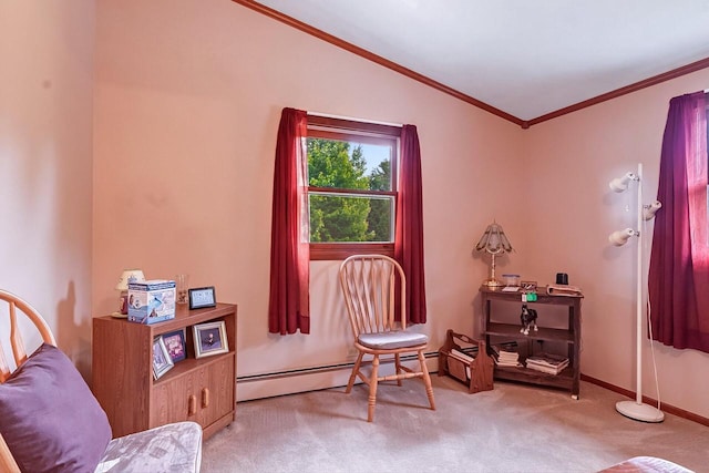 N9570 Sunset Dr, East Troy, WI 53120 - sitting room featuring carpet flooring, lofted ceiling, ornamental molding, a baseboard radiator, and baseboards