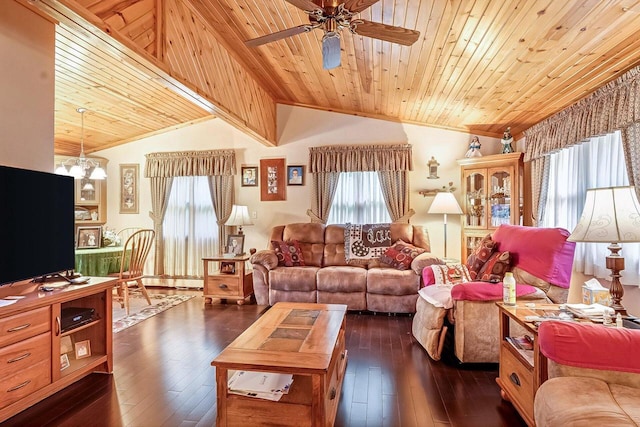 N9570 Sunset Dr, East Troy, WI 53120 - living area featuring plenty of natural light, vaulted ceiling, ceiling fan, dark wood finished floors, and wood ceiling