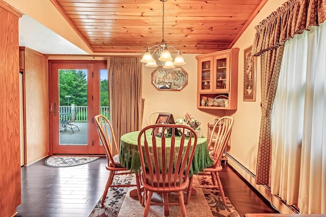 N9570 Sunset Dr, East Troy, WI 53120 - dining space featuring a chandelier, lofted ceiling, wood ceiling, wood finished floors, and a baseboard heating unit