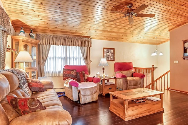 N9570 Sunset Dr, East Troy, WI 53120 - living area featuring ceiling fan, wood-type flooring, wood ceiling, a baseboard radiator, and crown molding
