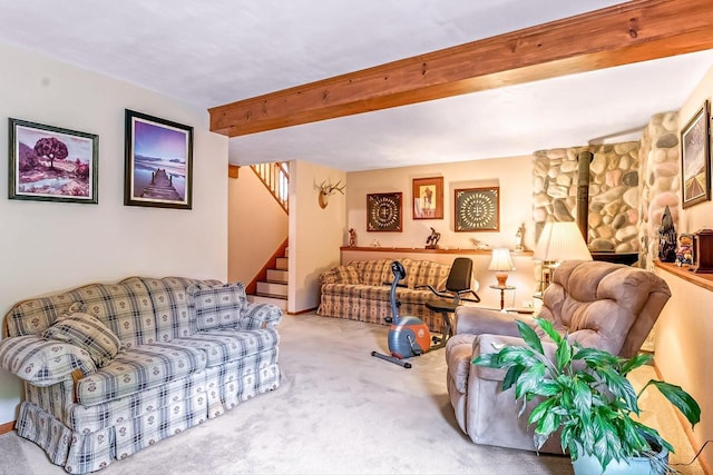 N9570 Sunset Dr, East Troy, WI 53120 - carpeted living area with beam ceiling and stairway