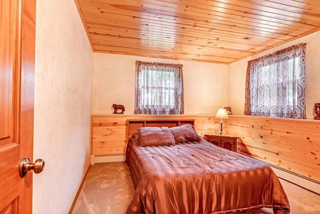 N9570 Sunset Dr, East Troy, WI 53120 - carpeted bedroom with wood ceiling, a textured wall, and a baseboard radiator