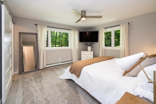 1418 Mill Rd, Delafield, WI 53018 - carpeted bedroom featuring a baseboard radiator, multiple windows, and ceiling fan