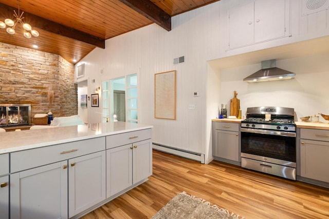 1418 Mill Rd, Delafield, WI 53018 - kitchen featuring stainless steel gas range oven, a baseboard radiator, wall chimney range hood, gray cabinets, and wooden ceiling
