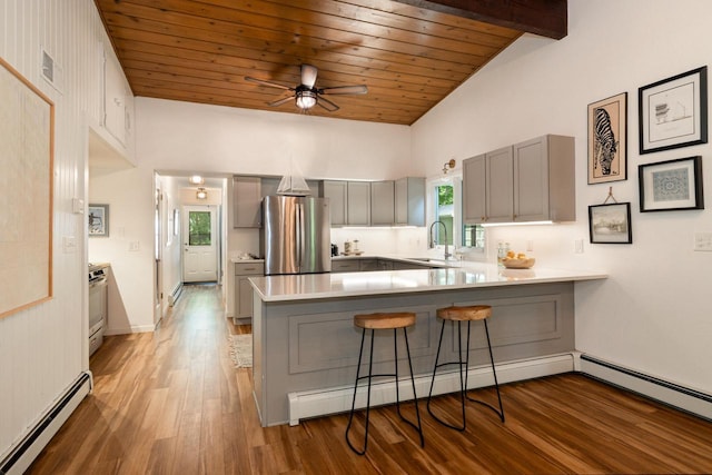 1418 Mill Rd, Delafield, WI 53018 - kitchen with stainless steel appliances, baseboard heating, gray cabinets, a peninsula, and a sink