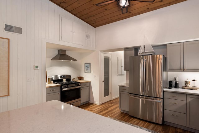 1418 Mill Rd, Delafield, WI 53018 - kitchen featuring appliances with stainless steel finishes, wall chimney exhaust hood, gray cabinets, a ceiling fan, and light countertops