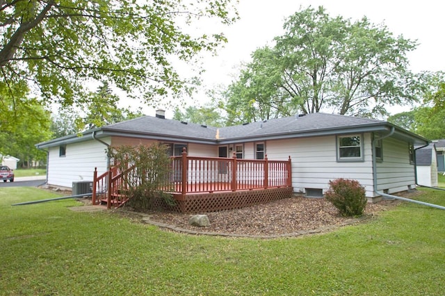 11426 W Woods Rd, Franklin, WI 53132 - back of property with a wooden deck, a yard, a chimney, and central AC