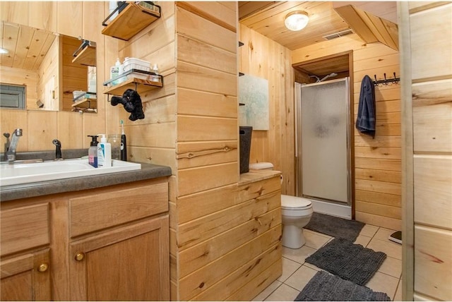 222 1st Ave, Clear Lake, WI 54005 - bathroom with wooden walls, vanity, a stall shower, toilet, and tile patterned flooring