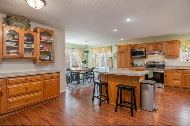 222 1st Ave, Clear Lake, WI 54005 - kitchen featuring stainless steel appliances, under cabinet range hood, dark wood-style flooring, a breakfast bar, and recessed lighting