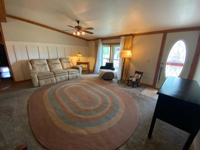 8001 Waschbisch Rd, Oconto Falls, WI 54154 - living area with carpet floors, lofted ceiling, a ceiling fan, baseboards, and ornamental molding