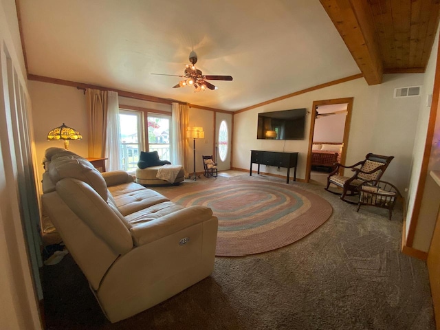 8001 Waschbisch Rd, Oconto Falls, WI 54154 - living room featuring carpet, a ceiling fan, vaulted ceiling, and baseboards