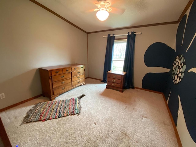 8001 Waschbisch Rd, Oconto Falls, WI 54154 - bedroom with ornamental molding, light carpet, baseboards, and a ceiling fan