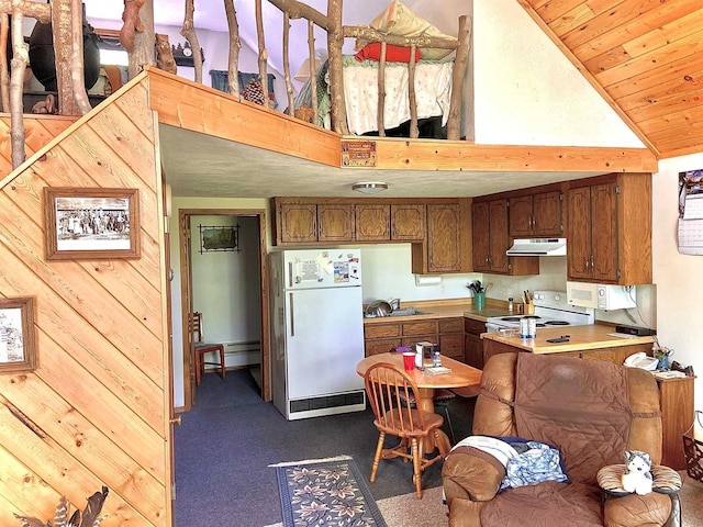 16651 Dolittle Ln, Townsend, WI 54175 - kitchen with white appliances, under cabinet range hood, high vaulted ceiling, brown cabinetry, and light countertops