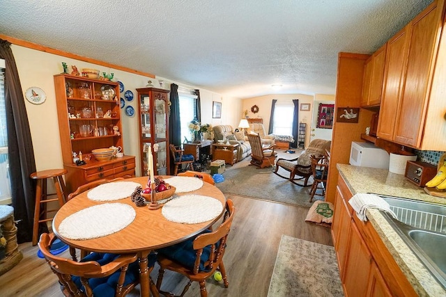 134 Attewell St Unit 54, Mauston, WI 53948 - dining room featuring wood finished floors, a textured ceiling, and lofted ceiling