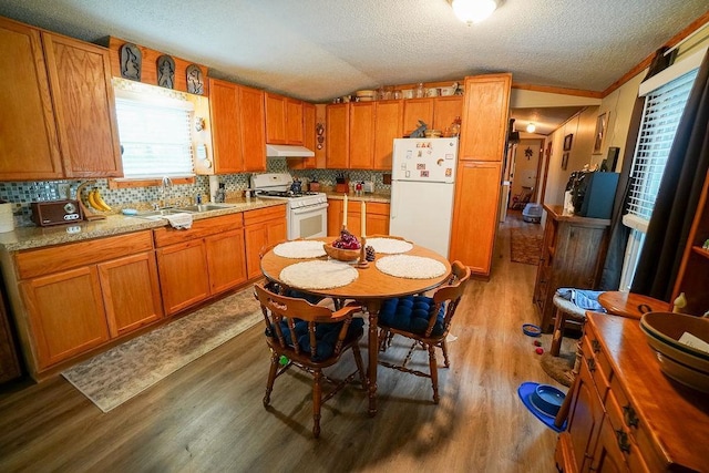 134 Attewell St Unit 54, Mauston, WI 53948 - kitchen with white appliances, vaulted ceiling, wood finished floors, a sink, and tasteful backsplash