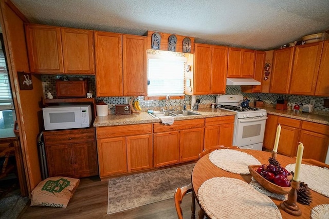 134 Attewell St Unit 54, Mauston, WI 53948 - kitchen featuring white appliances, a sink, range hood, wood finished floors, and backsplash