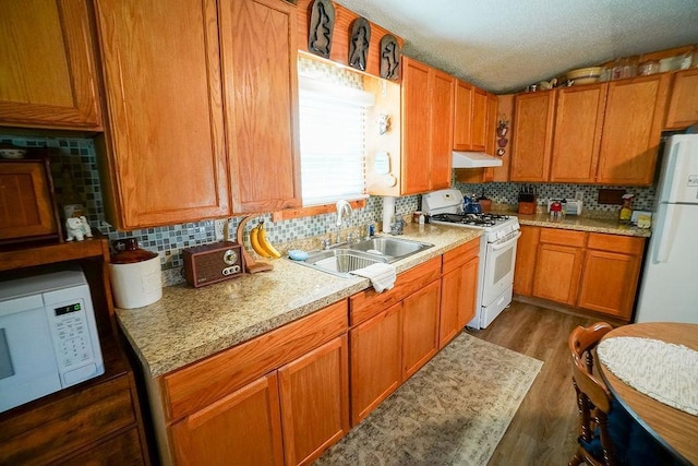 134 Attewell St Unit 54, Mauston, WI 53948 - kitchen featuring white appliances, a sink, light countertops, decorative backsplash, and wood finished floors